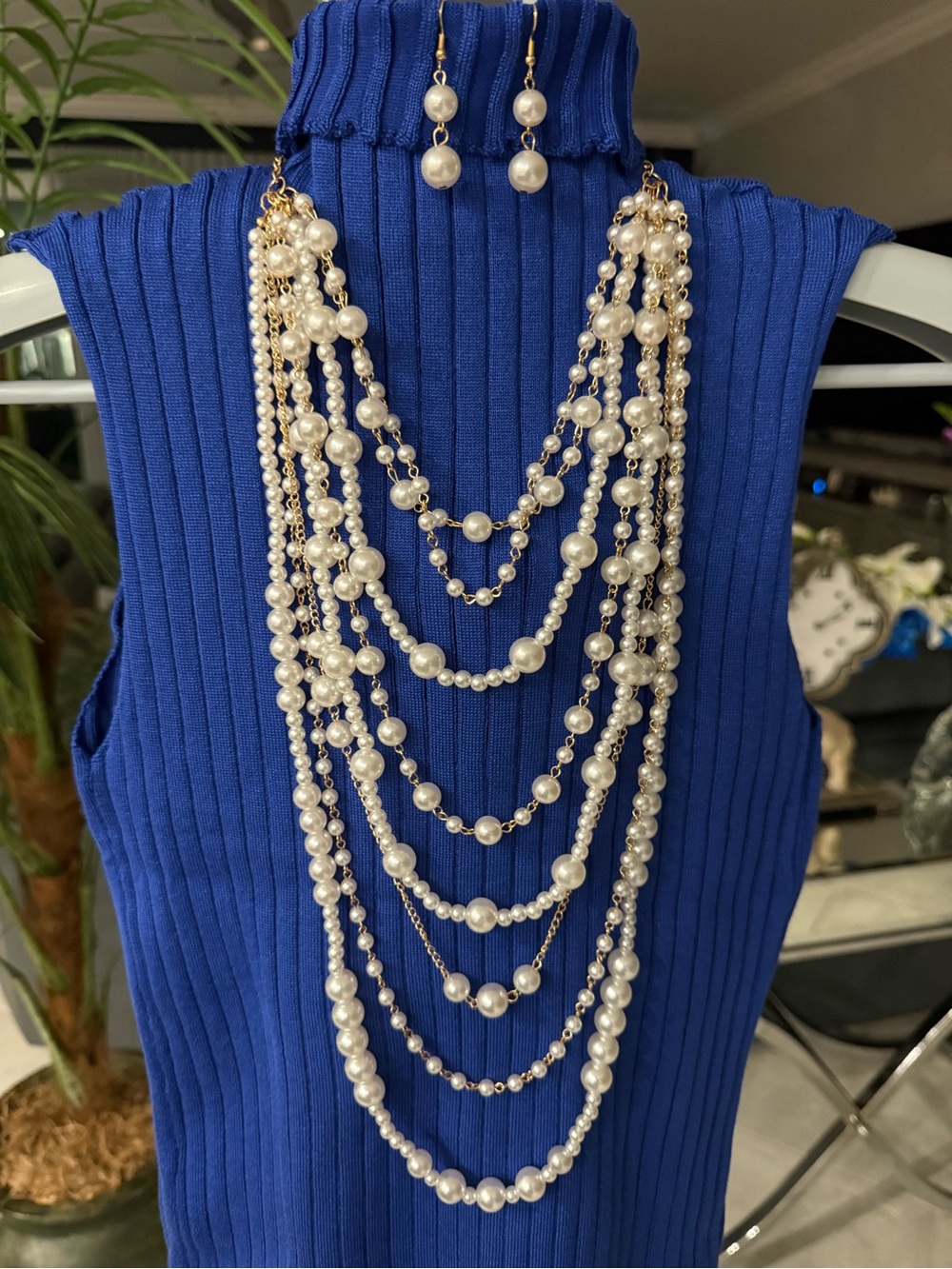 Layered Pearl Statement Necklace and Earrings White Faux Pearls